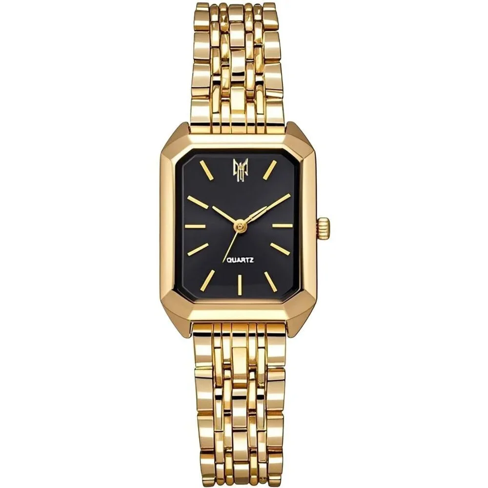Women's Gold Black Square Quartz Wrist Watches Steel Strap Casual Fashion